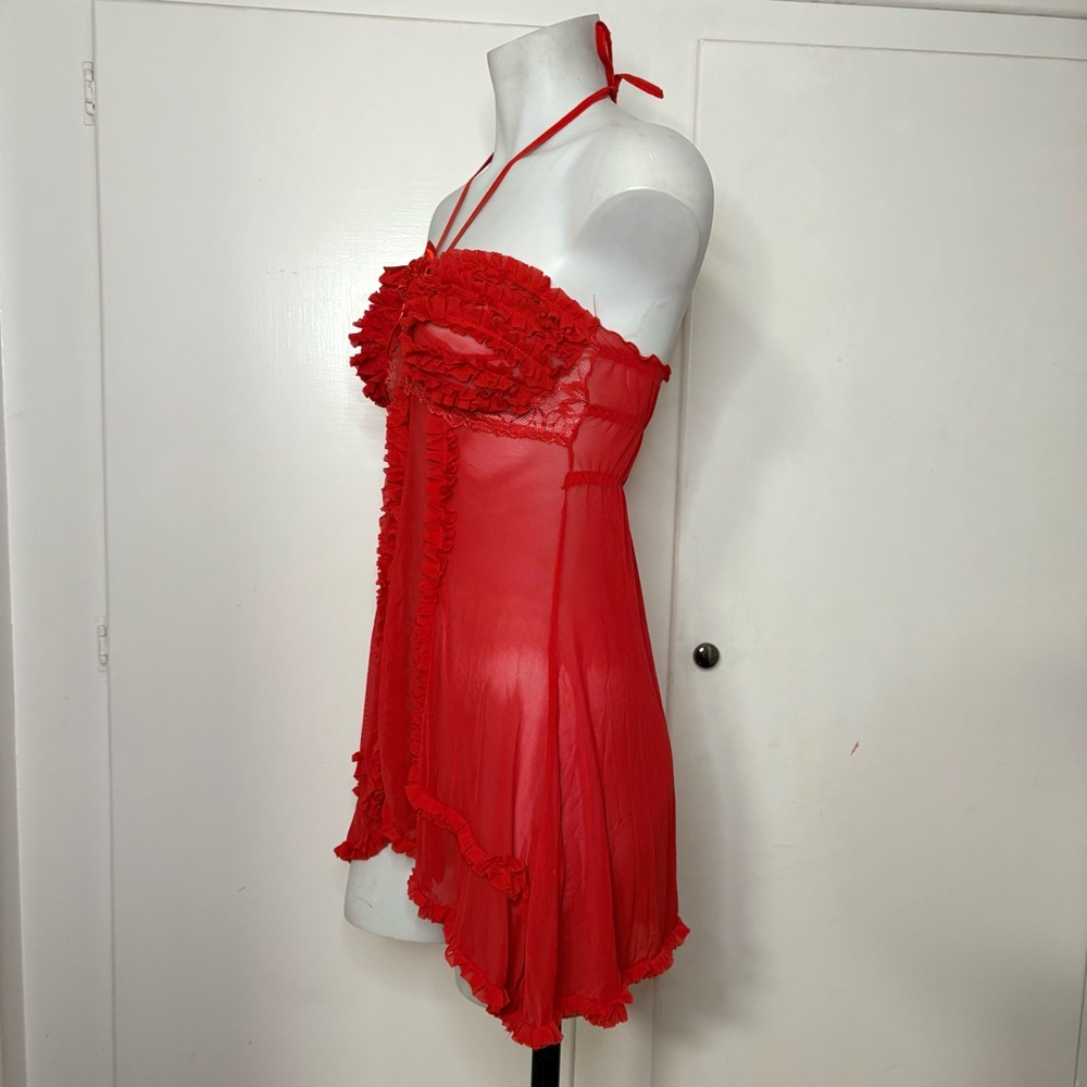 Red Split Front Babydoll Ruffled Mesh Halter Lingerie - Picture 4 of 7